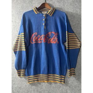 Vintage 80s/90s Coca Cola Blue Yellow Knit Long Sleeve Collared Rugby Sweater XL